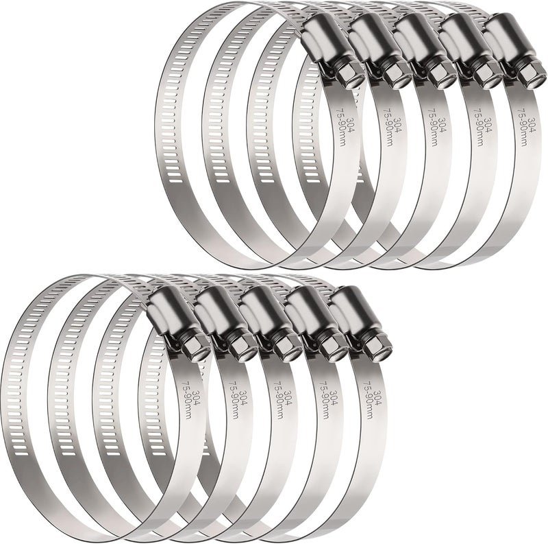 ORU Large Hose Clamps, 10 Pack 3 Inch Stainless Steel Hose Clamps Adjustable from 2-15/16"-3-1/2"/75-90mm, Metal Worm Gear Duct Clamp for Air Ducting, Dryer Vent Hose, Fuel Line, Automotive - Image 1